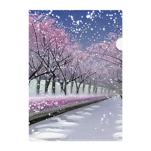 夜の桜並木に雪 クリアファイル