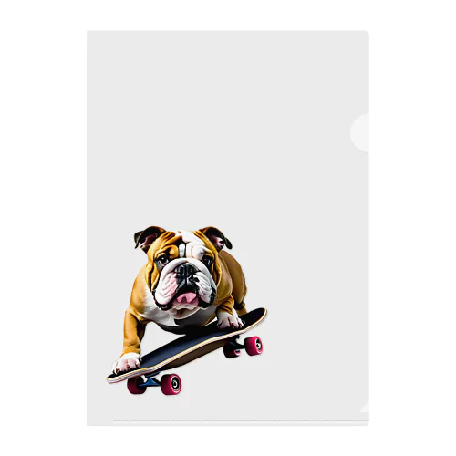 English bulldog riding a skateboard クリアファイル