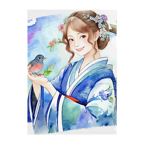 日本人女性手の上の小鳥 クリアファイル