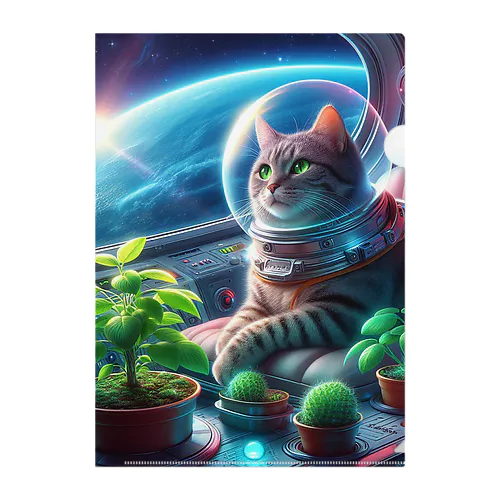 宇宙船で植物を育てながら宇宙旅行している猫 Clear File Folder