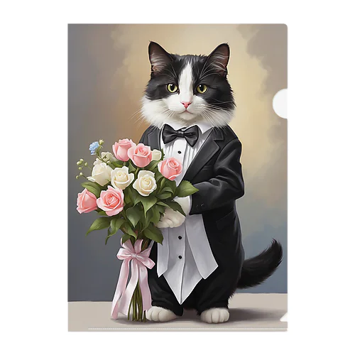 お祝いの花束を持っている白黒ハチワレ猫ちゃん クリアファイル