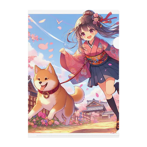 桜の中を犬と走る女の子 Clear File Folder