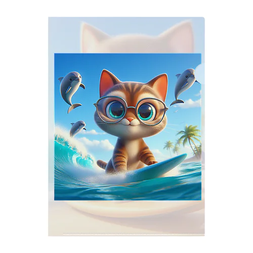 お気に入りのサーフボードでサーフィンする猫 Clear File Folder