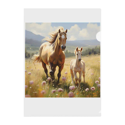 草原で遊ぶ馬の親子　Dream   2047 Clear File Folder