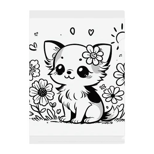 **お花の子犬のチワワ**モノクロ Clear File Folder