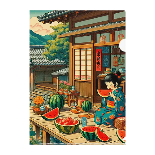 日本の風景:縁側でスイカを食べる Clear File Folder