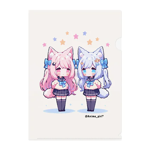 【Anime_girl*】Pixel art cat2girls pink×blue Clear File Folder