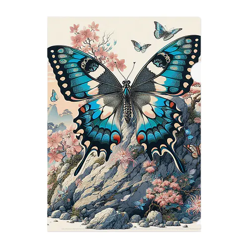 岩場の上で華やかに舞う蝶と咲き誇る花々 Clear File Folder