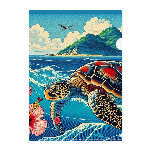 日本の風景:荒波にもまれる海がめ、Japanese scenery: Sea turtle caught in rough waves クリアファイル