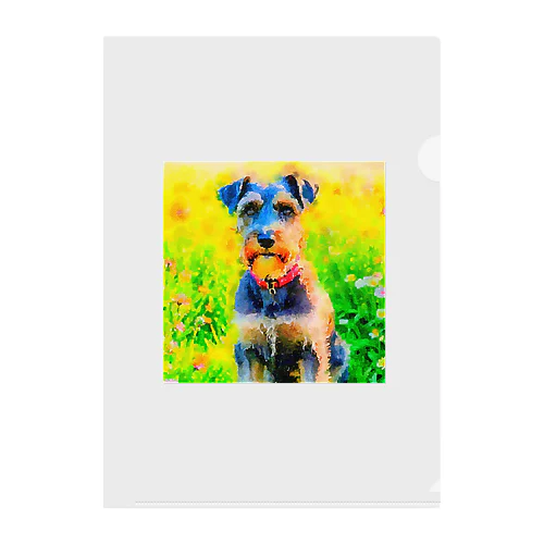 水彩画の犬 花畑のシュナウザーのイラスト クリアファイル