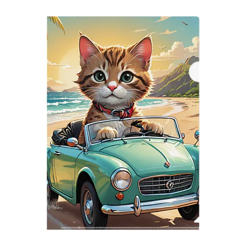 浜辺をドライブする子猫 クリアファイル