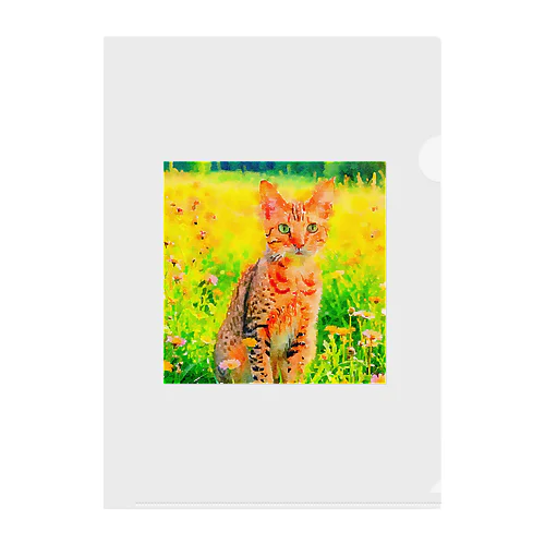 猫の水彩画/花畑のオシキャットねこのイラスト/キジトラネコ クリアファイル