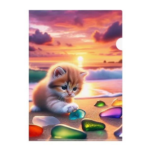 夕日の中シーガラスで遊ぶ子猫 Clear File Folder