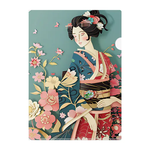 着物女性の切り絵アート　―　Kimono woman paper-cutting art　ー Clear File Folder