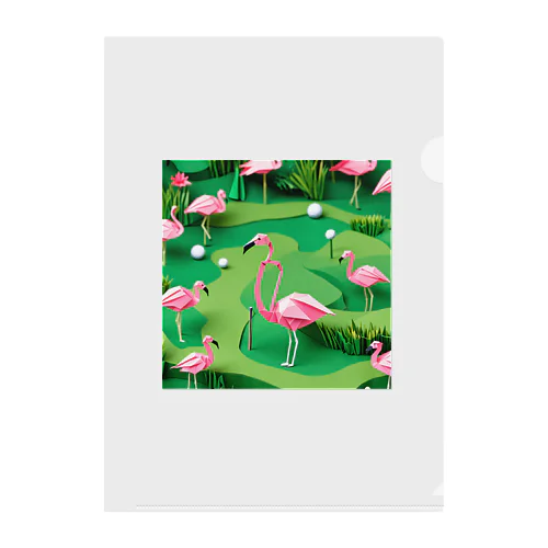 ゴルフをするフラミンゴの折り紙 クリアファイル