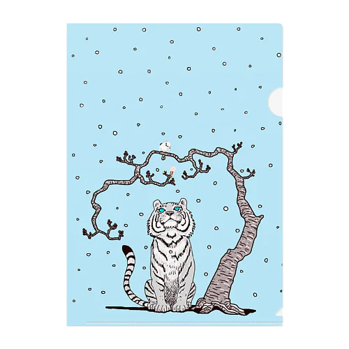 雪舞春待島柄長ト白虎ノ図　背景水色 Clear File Folder