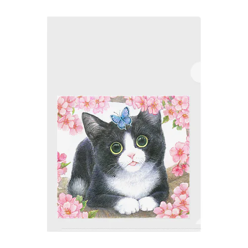 花見猫♪ハチワレ猫と蝶 Clear File Folder