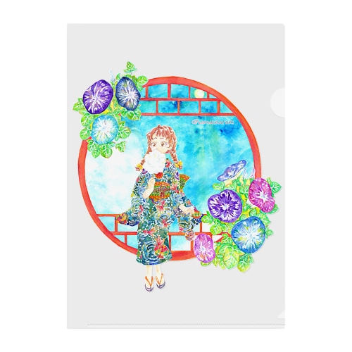 「窓際の夏」青空・朝顔縁・浴衣の女の子 Clear File Folder