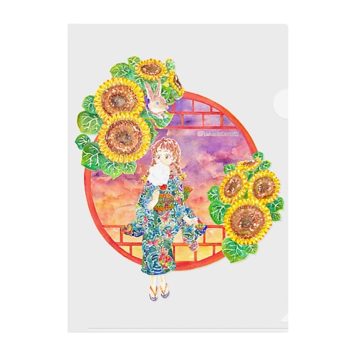 「窓際の夏」夕焼け・向日葵縁・浴衣の女の子 Clear File Folder