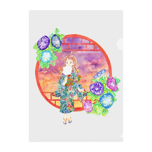 「窓際の夏」夕焼け・朝顔朝顔縁・浴衣の女の子 Clear File Folder