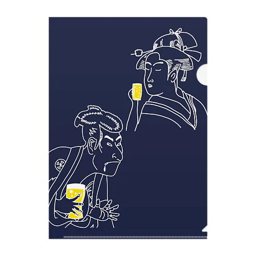 名画 × BEER（浮世絵男女）白線画-ネイビー Clear File Folder