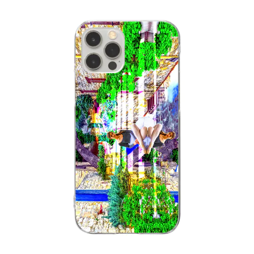 空、青空、雲、民家、レンガ、階段、鏡、植物、木、樹、女性、路地裏、細道 Clear Smartphone Case