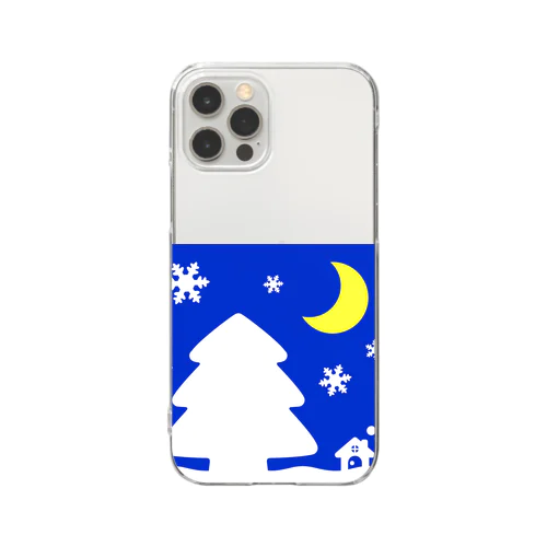 大きな木と月が浮かぶかわいい雪景色（黄色） Clear Smartphone Case
