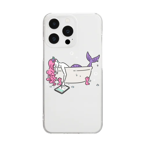 浴室でタブレットを使う人魚【ピンク】 クリアスマホケース