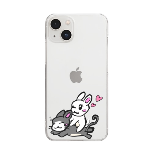 猫の上に乗るウサギ Clear Smartphone Case