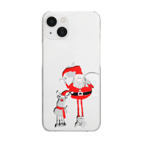 Santa＆Rudolph(モノトーン×赤) Clear Smartphone Case