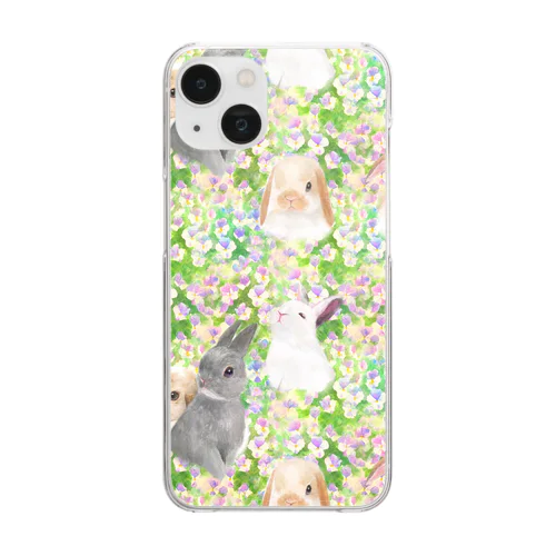 パンジーのお花畑とかわいいうさぎたちのシームレスパターンイラスト Clear Smartphone Case