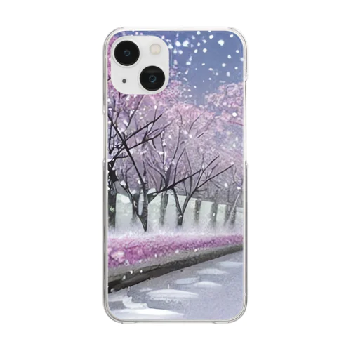 夜の桜並木に雪 Clear Smartphone Case