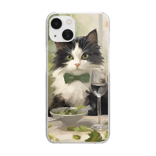 ワインを楽しむ白黒ハチワレ猫 투명 스마트폰 케이스