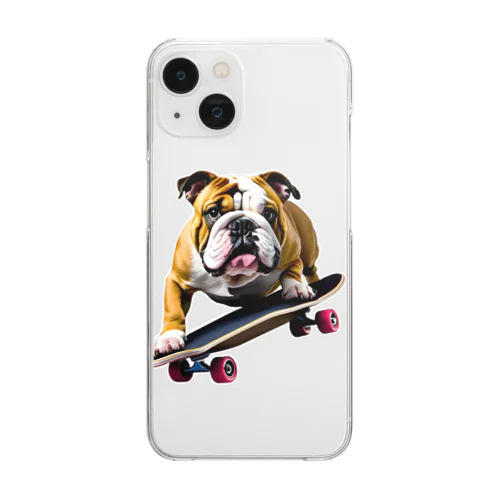 English bulldog riding a skateboard クリアスマホケース