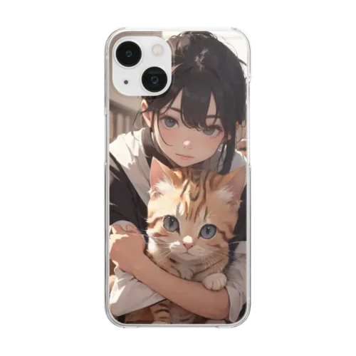 マンチカンを抱く美少女 Clear Smartphone Case