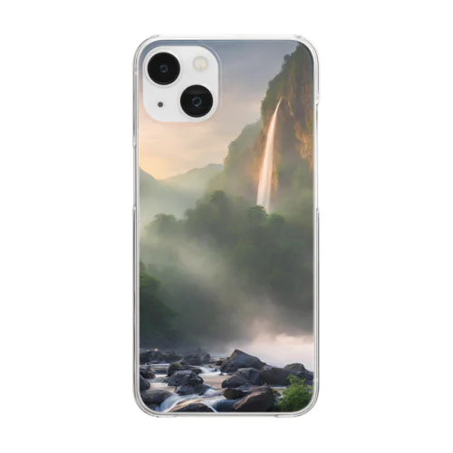 夜明けの滝と山々の美しい自然風景 Clear Smartphone Case