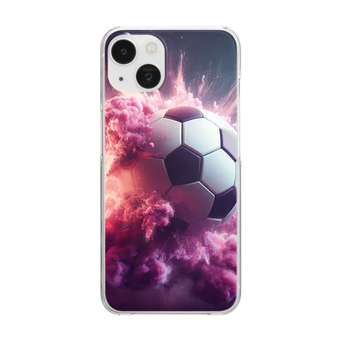 宇宙の中でピンク色の煙を放ち爆発するサッカーボール③ Clear Smartphone Case