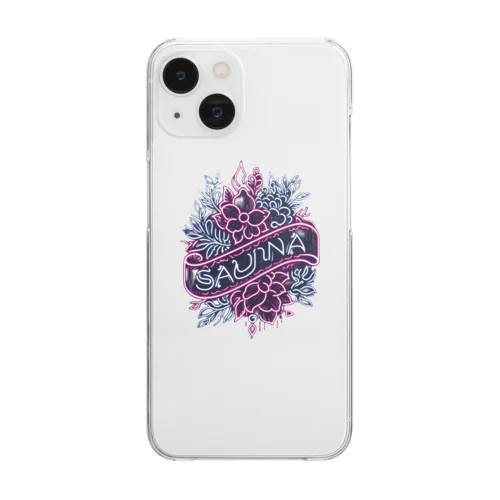 ネオン風花柄サウナロゴ11　花柄ver.4 Clear Smartphone Case