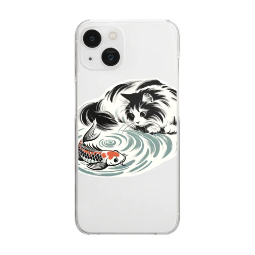 猫と鯉（水墨画風） Clear Smartphone Case