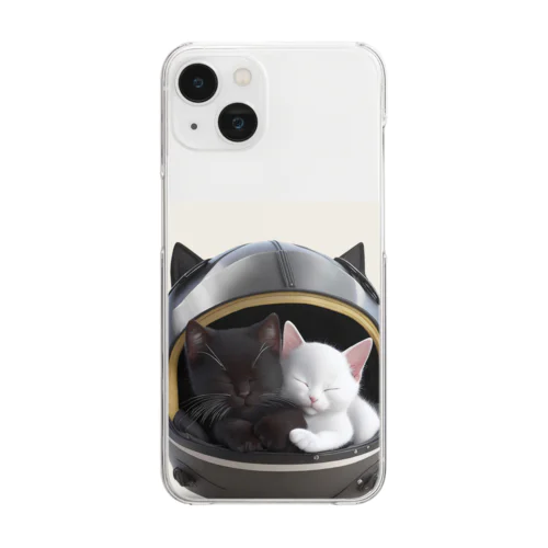 猫型ヘルメットで眠る黒猫と白猫 Clear Smartphone Case
