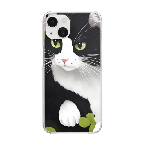 ハチワレ白黒猫とオキザリス Clear Smartphone Case