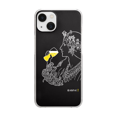 名画 × BEER（ミュシャ）白線画-ブラック Clear Smartphone Case