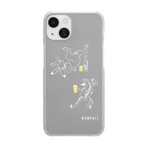 名画 × BEER（鳥獣戯画）白線画-グレー Clear Smartphone Case