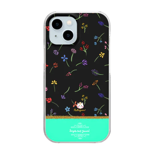 バイカラー【小花柄☆れぉにゃん】ターコイズブルー×黒カラー Clear Smartphone Case