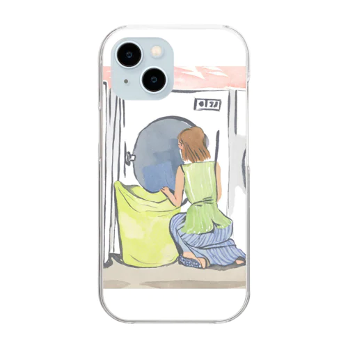 コインランドリーで覗き込む女性 Clear Smartphone Case