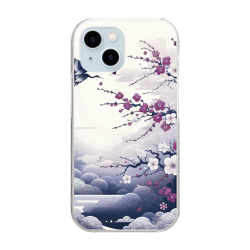 白背景の和風夜景 - 月と梅と鶴 Clear Smartphone Case