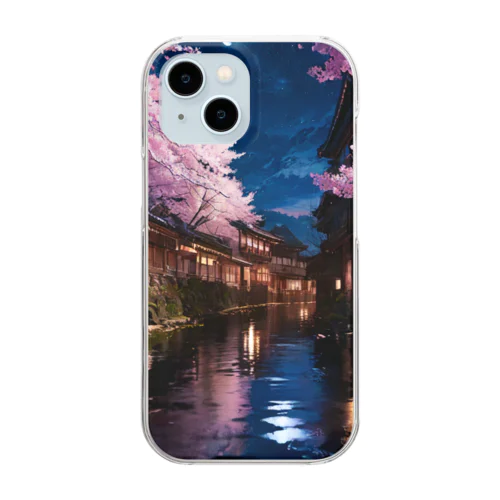 川と桜と明かり Clear Smartphone Case