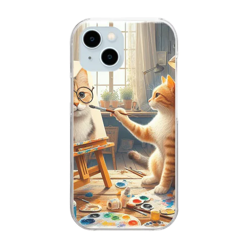 ネコを描くネコ Clear Smartphone Case