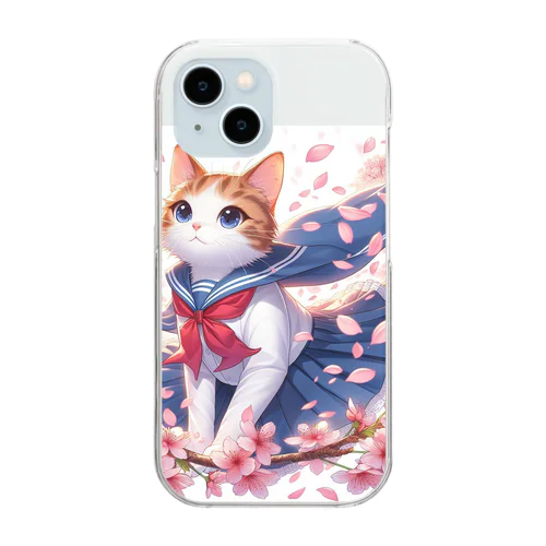 桜咲く華の学生猫 botan Clear Smartphone Case