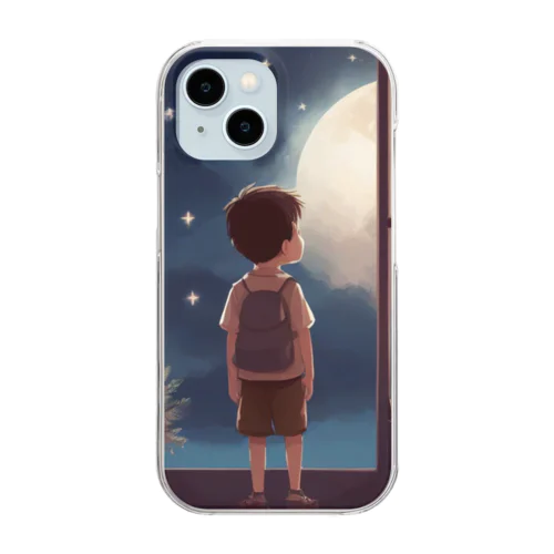 窓の中に立つ少年が、深い夜空を見つめている。 Clear Smartphone Case